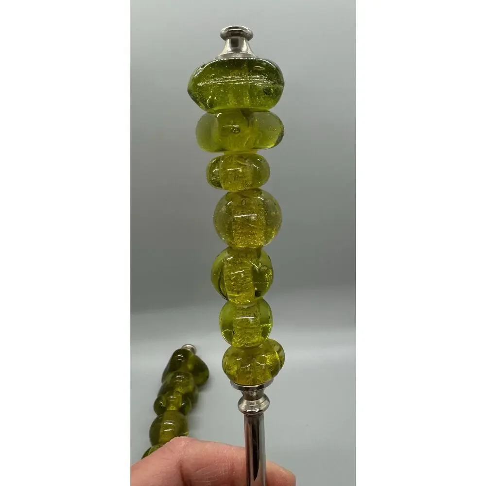 Serving Spoon And Fork Green Amber Color Glass Beaded Handle Set Of 2 Polished